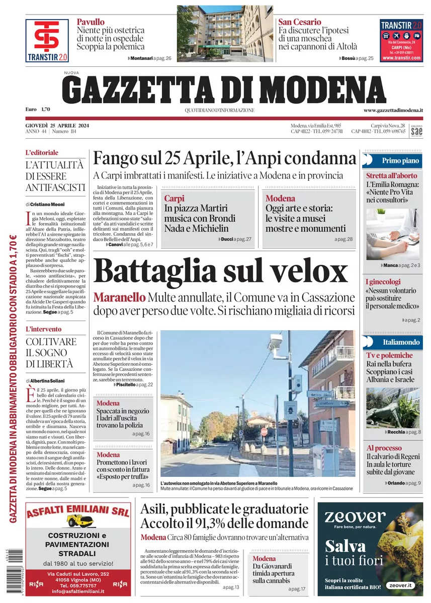 Prima-pagina-gazzetta di modena-oggi-edizione-del-2024-04-25